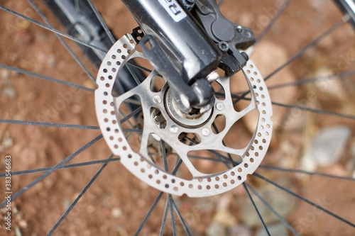Close up view of bicycle hydraulic disc brake