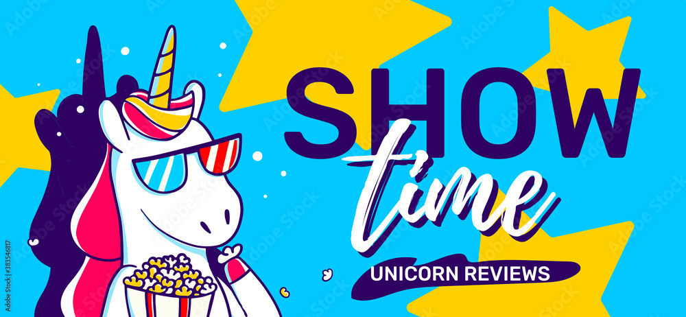 Vector illustration of magic unicorn eating popcorn and watching show in cinema glasses with horn on blue background with star and text.