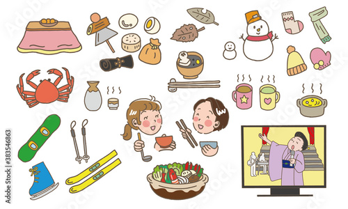 こたつや鍋のかわいい手描き風冬素材イラストセット