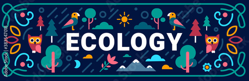 Vector geometrical illustration of ecology of nature with bird, tree, word on dark background.