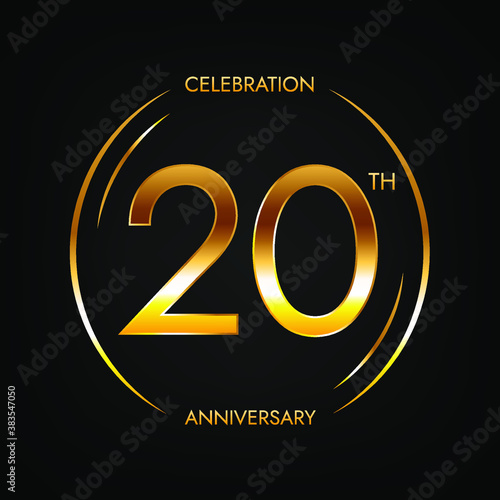 20th anniversary. Twenty years birthday celebration banner in bright golden color. Circular logo with elegant number design.