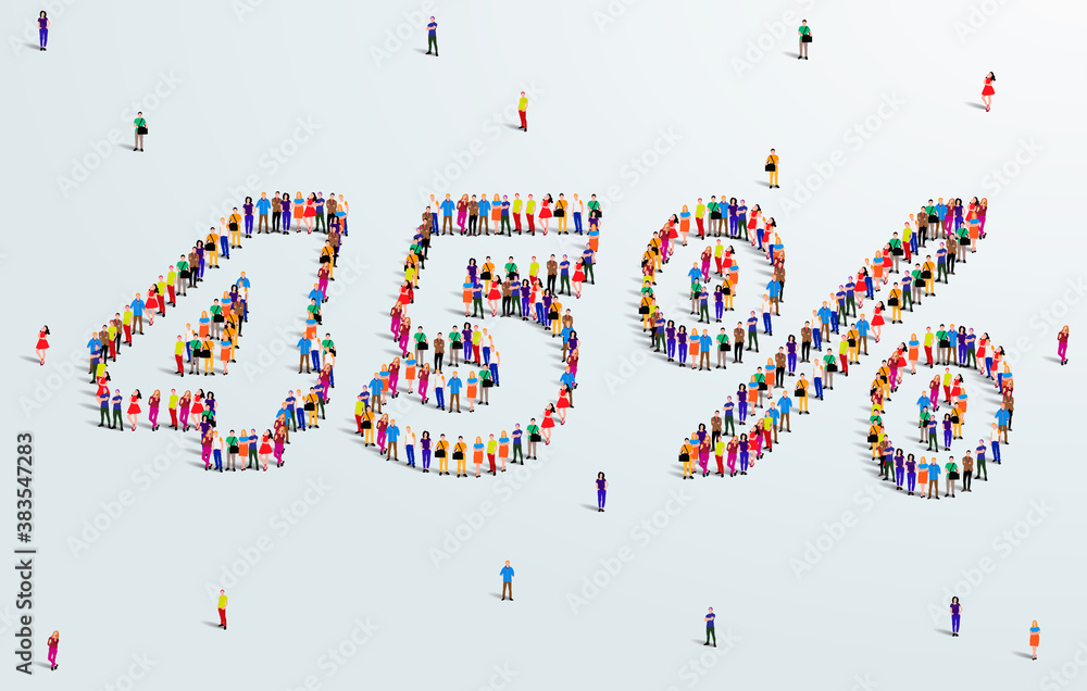 Number 45 Percent. Large group of people form to create a shape 45%. Special Offer Sale Design. Vector Illustration of advertising banner. Number 45 Percent. Large group of people form to create a shape 45%. Special Offer Sale Design. Vector Illustration of advertising banner.