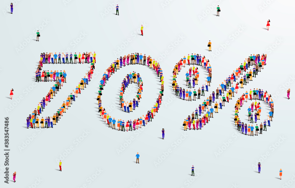 Number 70 Percent. Large group of people form to create a shape 70%. Special Offer Sale Design. Vector Illustration of advertising banner. Number 70 Percent. Large group of people form to create a shape 70%. Special Offer Sale Design. Vector Illustration of advertising banner.