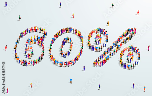 Number 60 Percent. Large group of people form to create a shape 60%. Special Offer Sale Design. Vector Illustration of advertising banner.