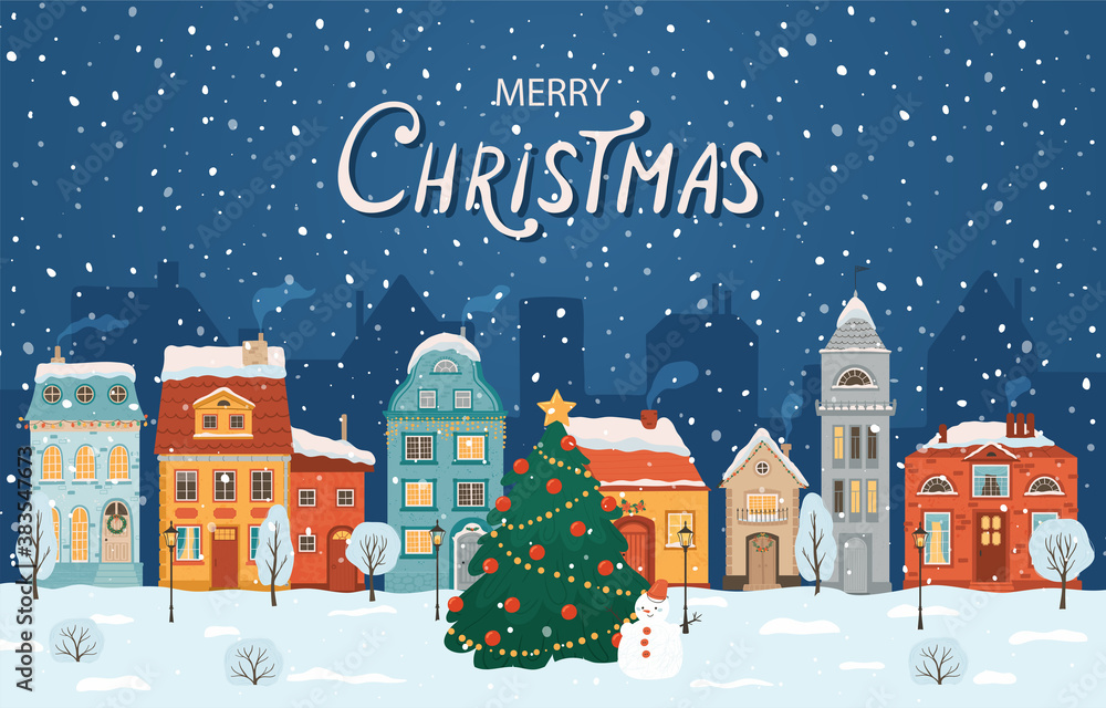 Fototapeta Winter night city in retro style. Christmas background with houses, Christmas tree, snowman. Cozy town in a flat style with lettering merry Christmas. Cartoon vector illustration.