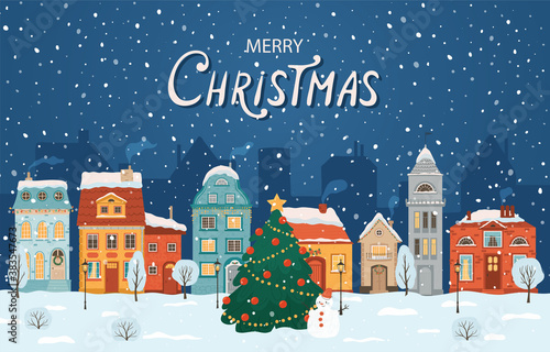 Winter night city in retro style. Christmas background with houses, Christmas tree, snowman. Cozy town in a flat style with lettering merry Christmas. Cartoon vector illustration.