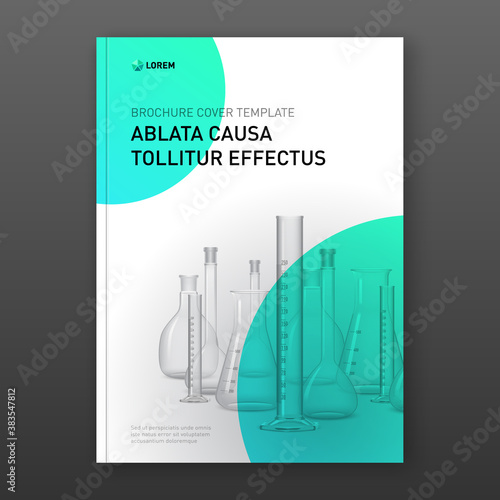 Pharmaceutical brochure cover design layout set with flasks vector illustration. Good for medical annual report, laboratory catalog design.