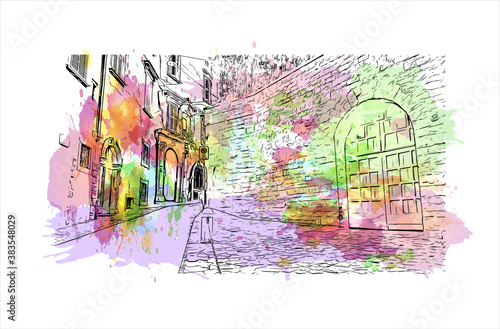 Building view with landmark of Bergamo is a city in the alpine Lombardy region of northern Italy. Watercolor splash with hand drawn sketch illustration in vector.