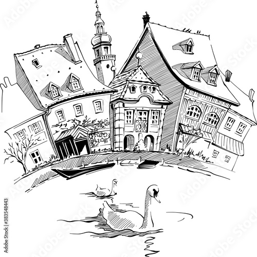 Vector travel sketch of Little Venice in Bamberg, Bavaria, southern Germany