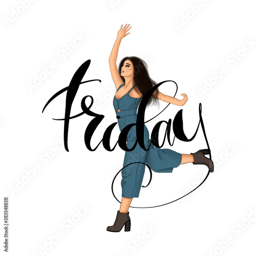 Friday Brunette Girl Isolated On A White Background Hand Drawn Illustration 