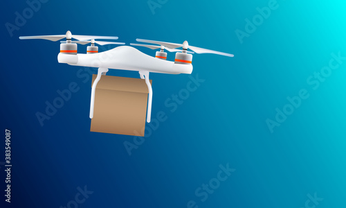 Drone delivery delivering with brown post package on blue background.