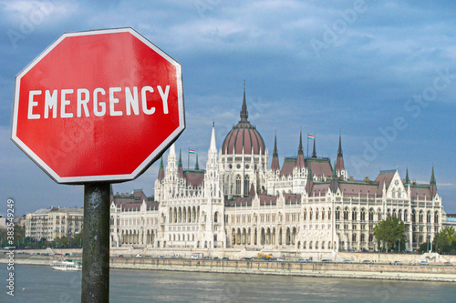 Photography Emergency sign on Budapest parliament background