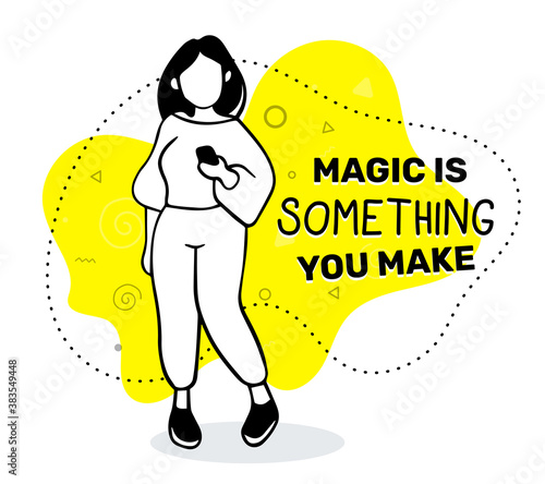 Vector illustration of a fashion girl with black hair holding phone on yellow background with text.