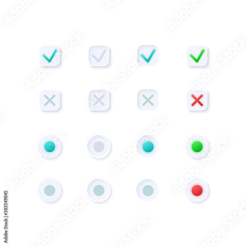 Active and inactive marks UI elements kit. Checkboxes isolated vector icon, bar and dashboard template. Web design widget collection for mobile application with light theme interface