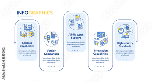 Online proofing tool aspects vector infographic template. Markup, comparison presentation design elements. Data visualization with 5 steps. Process timeline chart. Workflow layout with linear icons