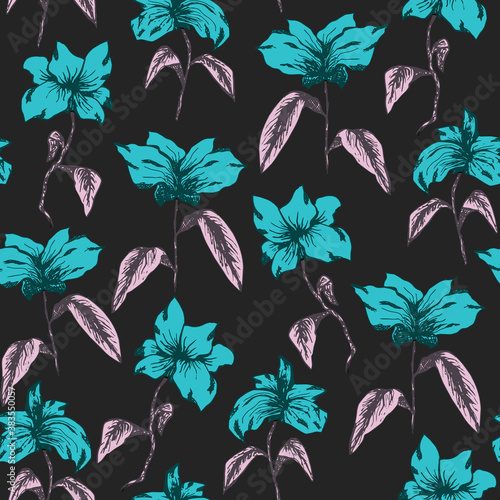 Elegant bright seamless pattern with delicate turquoise sketch flowers with purple leaves. Hand drawn illustration of abstract spring flower, texture for textile, wrapping paper, surface, background