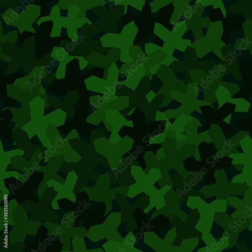 Seamless pattern with geometric camouflage. Military dark green background.