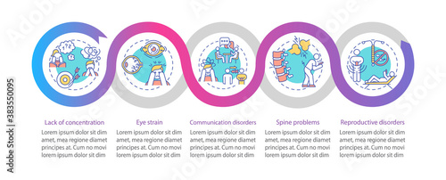 Gadget addiction health problems vector infographic template. Eyestrain, backache presentation design elements. Data visualization 5 steps. Process timeline chart. Workflow layout with linear icons