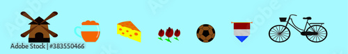 set of holland or netherland culture signs cartoon icon design template with flower. vector illustration isolated on dark