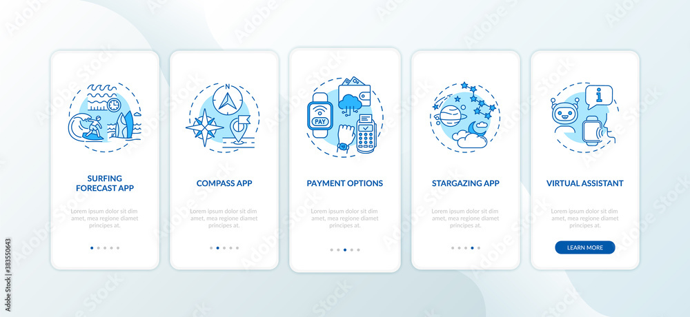 Smartwatch capabilities onboarding mobile app page screen with concepts. Weather, compass app walkthrough 5 steps graphic instructions. UI vector template with RGB color illustrations