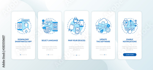 Smart watch setup hints onboarding mobile app page screen with concepts. Select language, pairing devices walkthrough 5 steps graphic instructions. UI vector template with RGB color illustrations