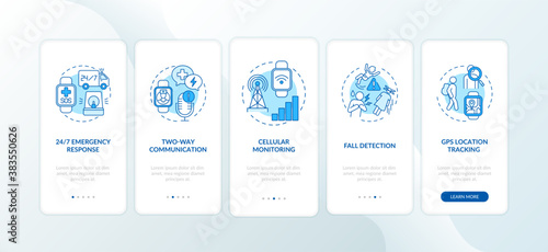Medical alert smartwatch options onboarding mobile app page screen with concepts. 24 to 7 emergency, GPS walkthrough 5 steps graphic instructions. UI vector template with RGB color illustrations