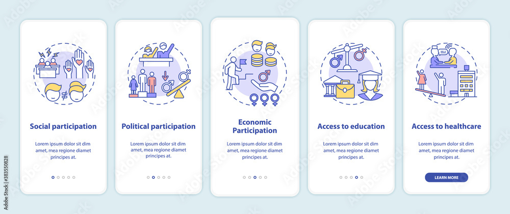Gender gap criteria onboarding mobile app page screen with concepts. Social participation. Access to education walkthrough 5 steps graphic instructions. UI vector template with RGB color illustrations Gender gap criteria onboarding mobile app page screen with concepts. Social participation. Access to education walkthrough 5 steps graphic instructions. UI vector template with RGB color illustrations