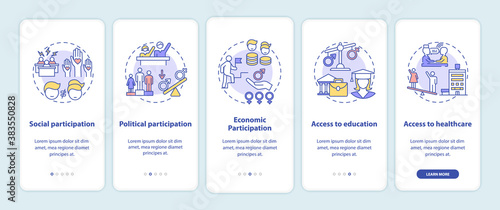 Gender gap criteria onboarding mobile app page screen with concepts. Social participation. Access to education walkthrough 5 steps graphic instructions. UI vector template with RGB color illustrations
