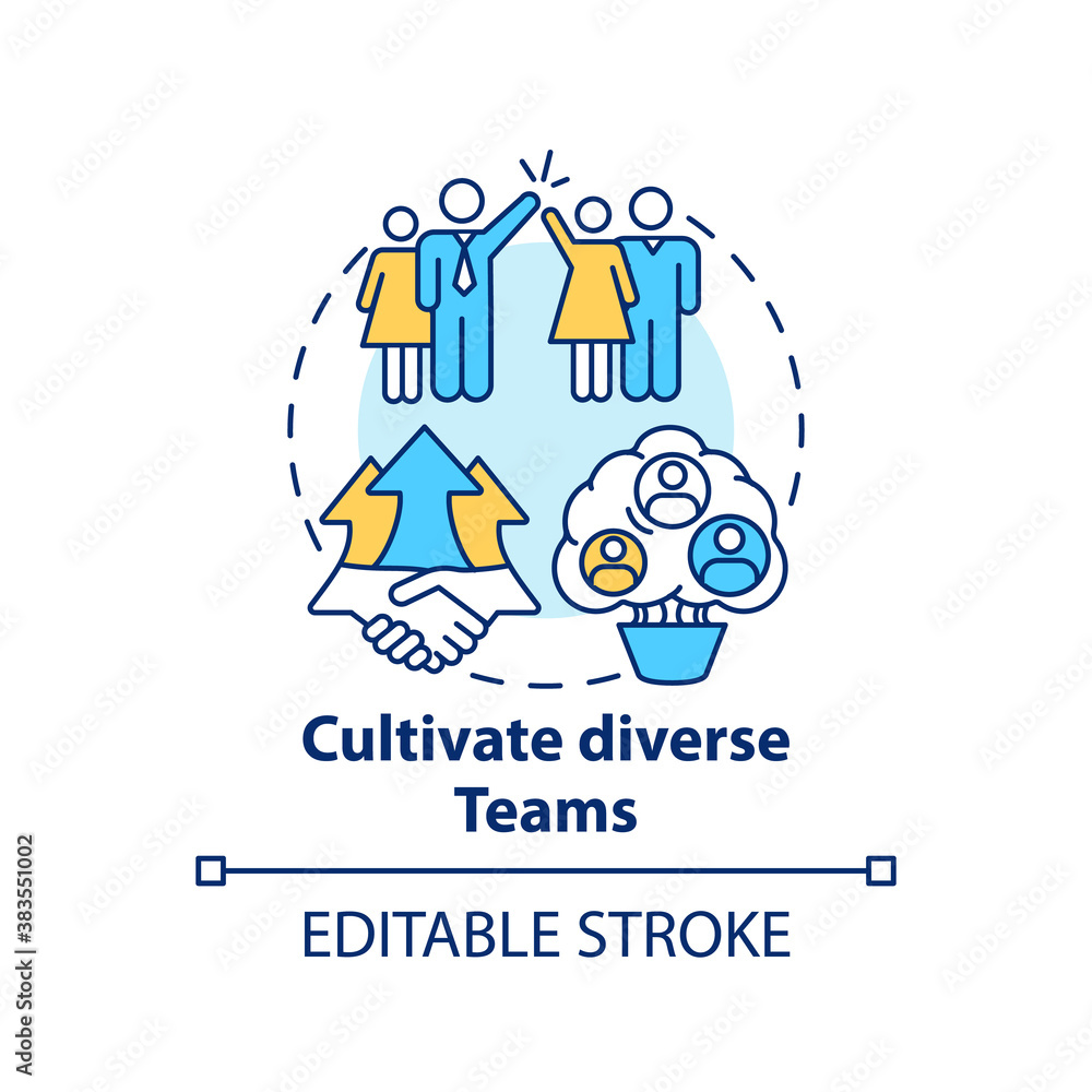 Cultivate diverse teams concept icon. Gender diversity implementation tips. Working crew upgrading idea thin line illustration. Vector isolated outline RGB color drawing. Editable stroke