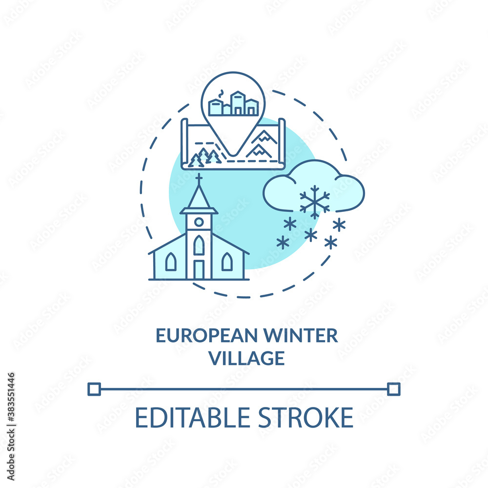 European winter village concept icon. Winter vacation destination idea thin line illustration. Romantic holiday. Picturesque place. Vector isolated outline RGB color drawing. Editable stroke