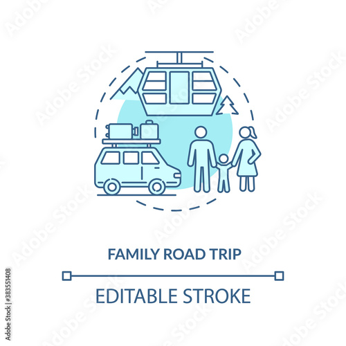 Family road trip concept icon. Winter holiday idea thin line illustration. Kids and parents. Safe and comfortable. Winter family vacation. Vector isolated outline RGB color drawing. Editable stroke