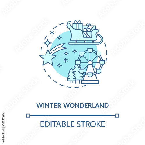 Winter wonderland concept icon. Winter vacation destination idea thin line illustration. Giant Wheel. Amusement rides and attractions. Vector isolated outline RGB color drawing. Editable stroke