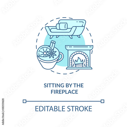 Sitting by fireplace concept icon. Hygge lifestyle idea thin line illustration. Heartwarming atmosphere. Warmth and cosiness feelings. Vector isolated outline RGB color drawing. Editable stroke