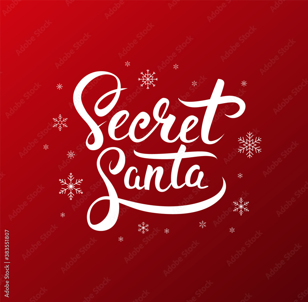 Secret Santa calligraphic phrase on red background. Handwritten lettering for anonymous gift exchange on Christmas. - Vector illustration Secret Santa calligraphic phrase on red background. Handwritten lettering for anonymous gift exchange on Christmas. - Vector illustration