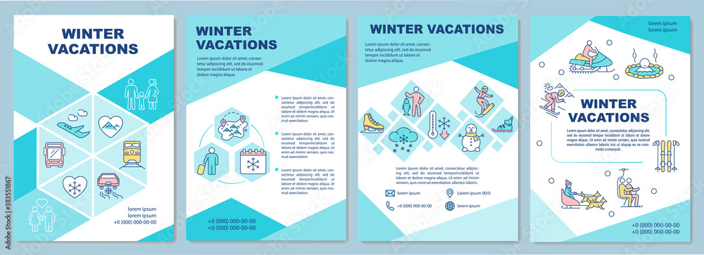 Winter holidays brochure template. Travel activity and resort. Flyer, booklet, leaflet print, cover design with linear icons. Vector layouts for magazines, annual reports, advertising posters