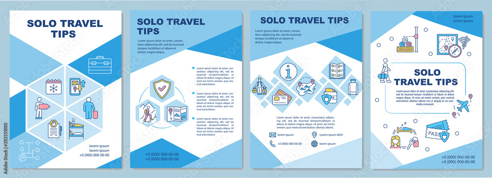 Solo travel tips brochure template. Planning journey. Flyer, booklet, leaflet print, cover design with linear icons. Vector layouts for magazines, annual reports, advertising posters