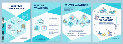Winter holidays brochure template. Travel activity and resort. Flyer, booklet, leaflet print, cover design with linear icons. Vector layouts for magazines, annual reports, advertising posters