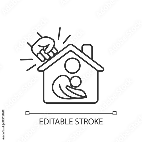 Women shelter linear icon. Safe accommodation. Families support. Domestic violence victims. Thin line customizable illustration. Contour symbol. Vector isolated outline drawing. Editable stroke