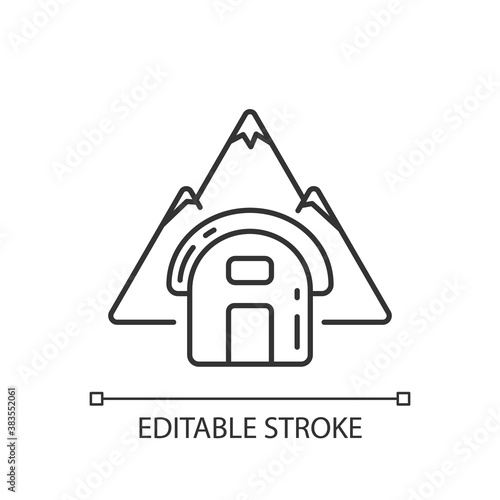 Bivouac shelter linear icon. Improvised camp site. Backpacking. Scouting. Temporary tent. Thin line customizable illustration. Contour symbol. Vector isolated outline drawing. Editable stroke