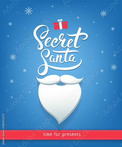 Creative banner or card design for traditional anonymous gift exchange on Christmas. Secret Santa illustration with beard, gift and snowflakes