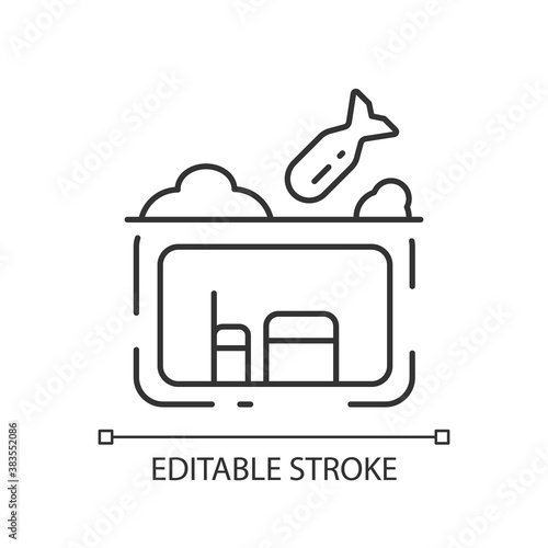 Bomb shelter linear icon. Bunker. Civil defence measures. Protection against bomb effects. Thin line customizable illustration. Contour symbol. Vector isolated outline drawing. Editable stroke