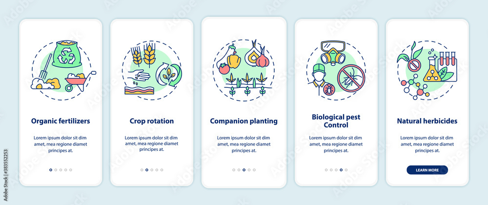 Organic farming principles onboarding mobile app page screen with concepts. Crops rotation walkthrough 5 steps graphic instructions. UI vector template with RGB color illustrations