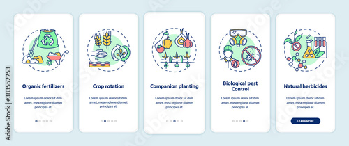 Organic farming principles onboarding mobile app page screen with concepts. Crops rotation walkthrough 5 steps graphic instructions. UI vector template with RGB color illustrations