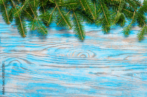Green fir branch on a blue wooden background © artspace