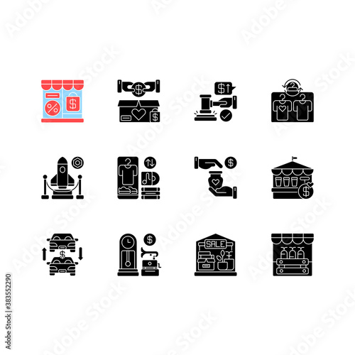 Outlet store black glyph icons set on white space. Retail business, different commercial services silhouette symbols. Discount shopping. Various sales and trading forms. Vector isolated illustrations