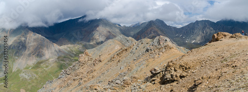 Panorama of Kuray mountain range and North Chuya ridge at the dawn.