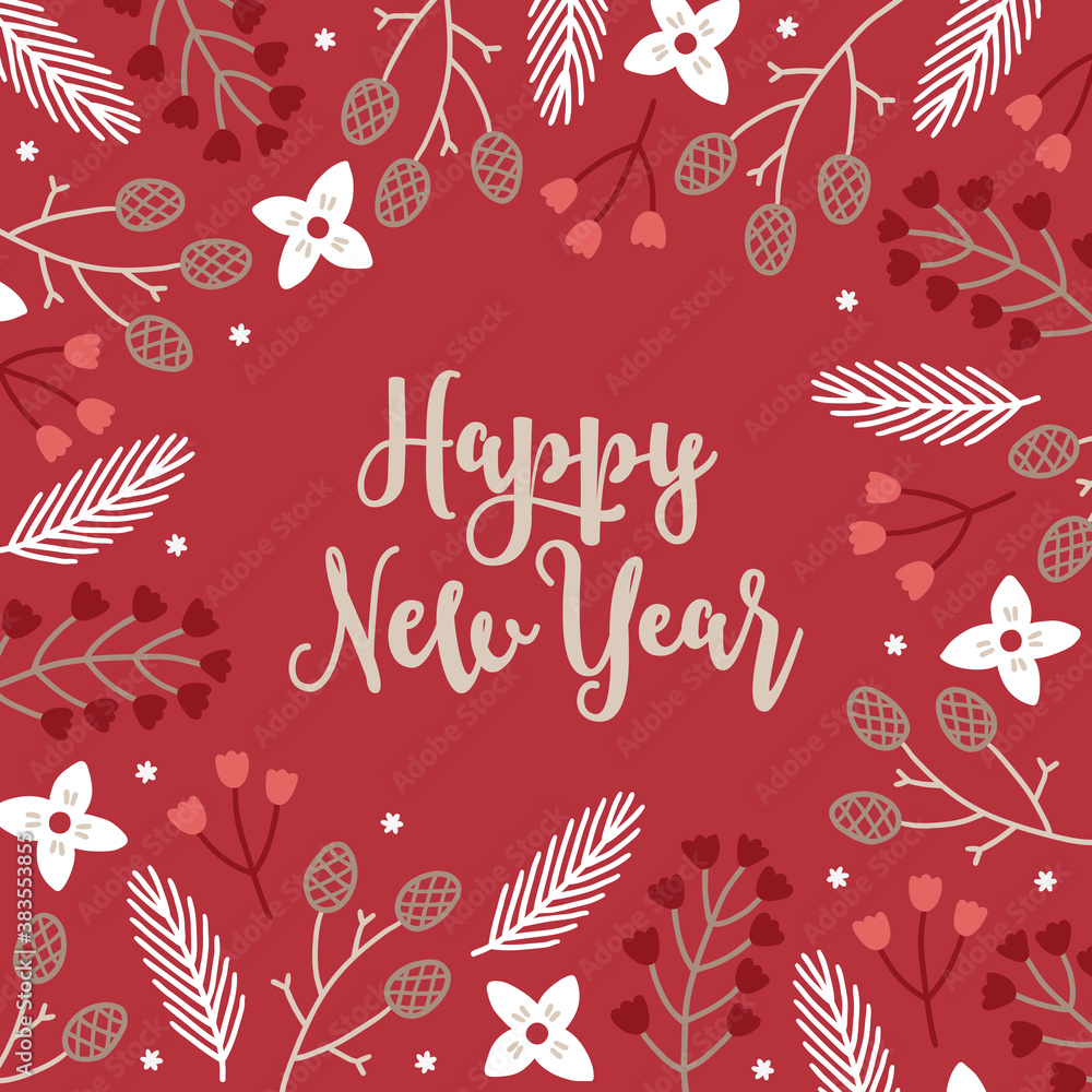 Christmas greeting card with flowers, fir branches, cones, snowflakes, leaves Christmas greeting card with flowers, fir branches, cones, snowflakes, leaves