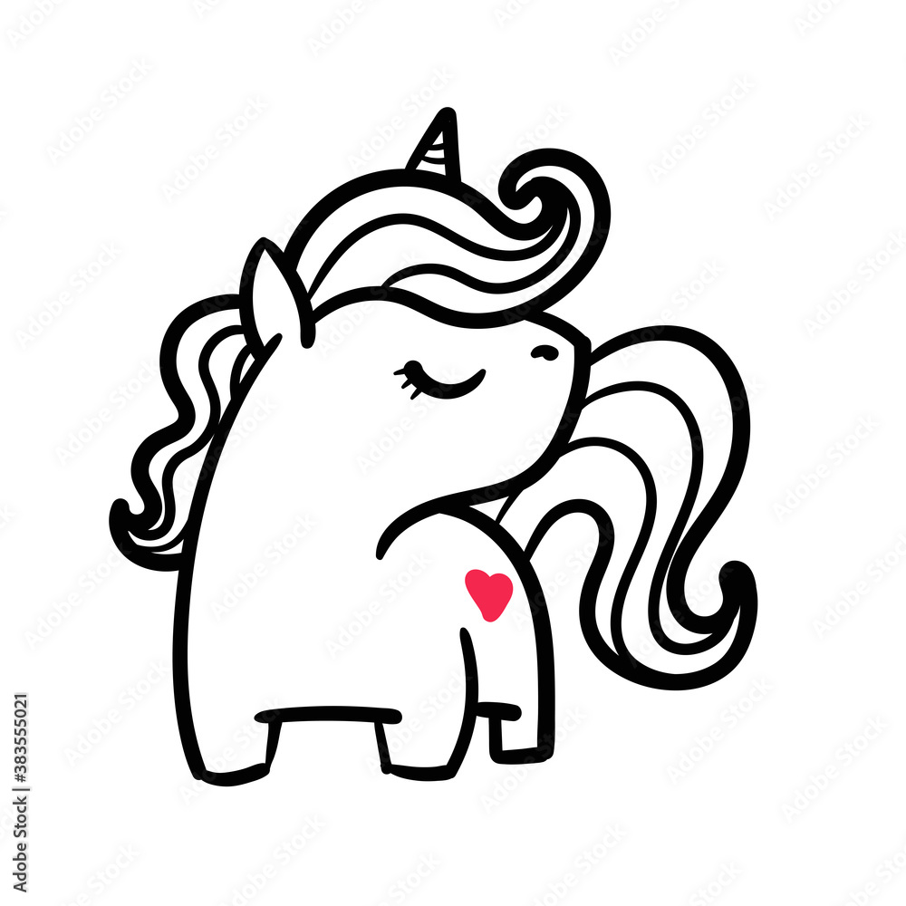 A cute cartoon unicorn is looking at the red heart shape at the end. A cute cartoon unicorn is looking at the red heart shape at the end.