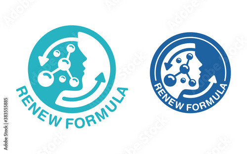 Skin renew formula pictogram  - emblem for anti-age and anti wrickles cosmetics marking - molecular structure and woman face silhouette  - vector skincare icon 