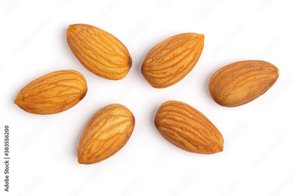 Almonds top view isolated on white background